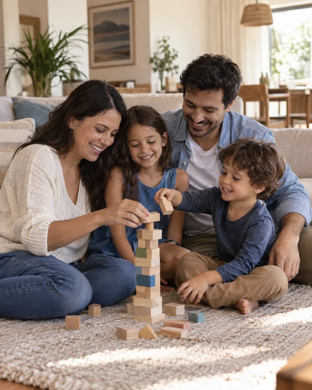 Mãe e pai brincando com os filhos em casa.