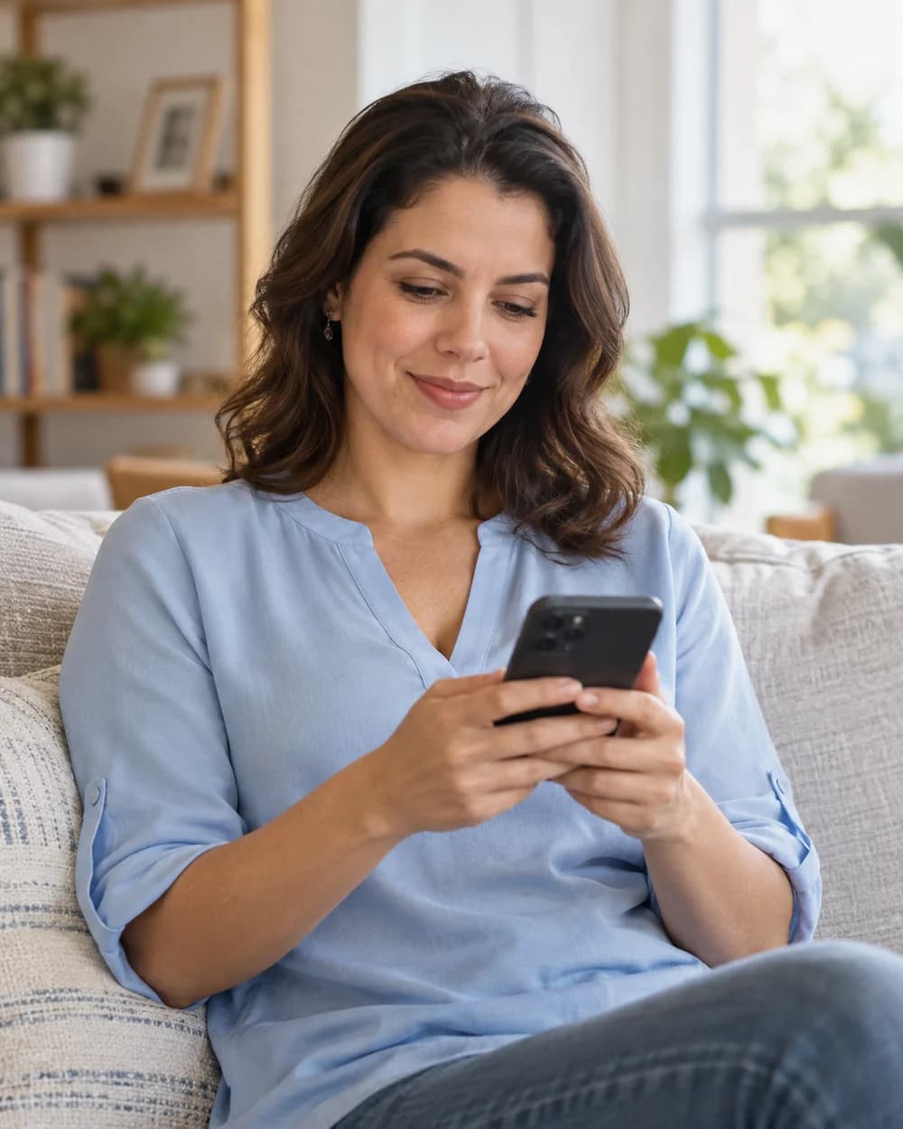 Mulher na faixa dos 30 anos usando o celular no sofá de casa.
